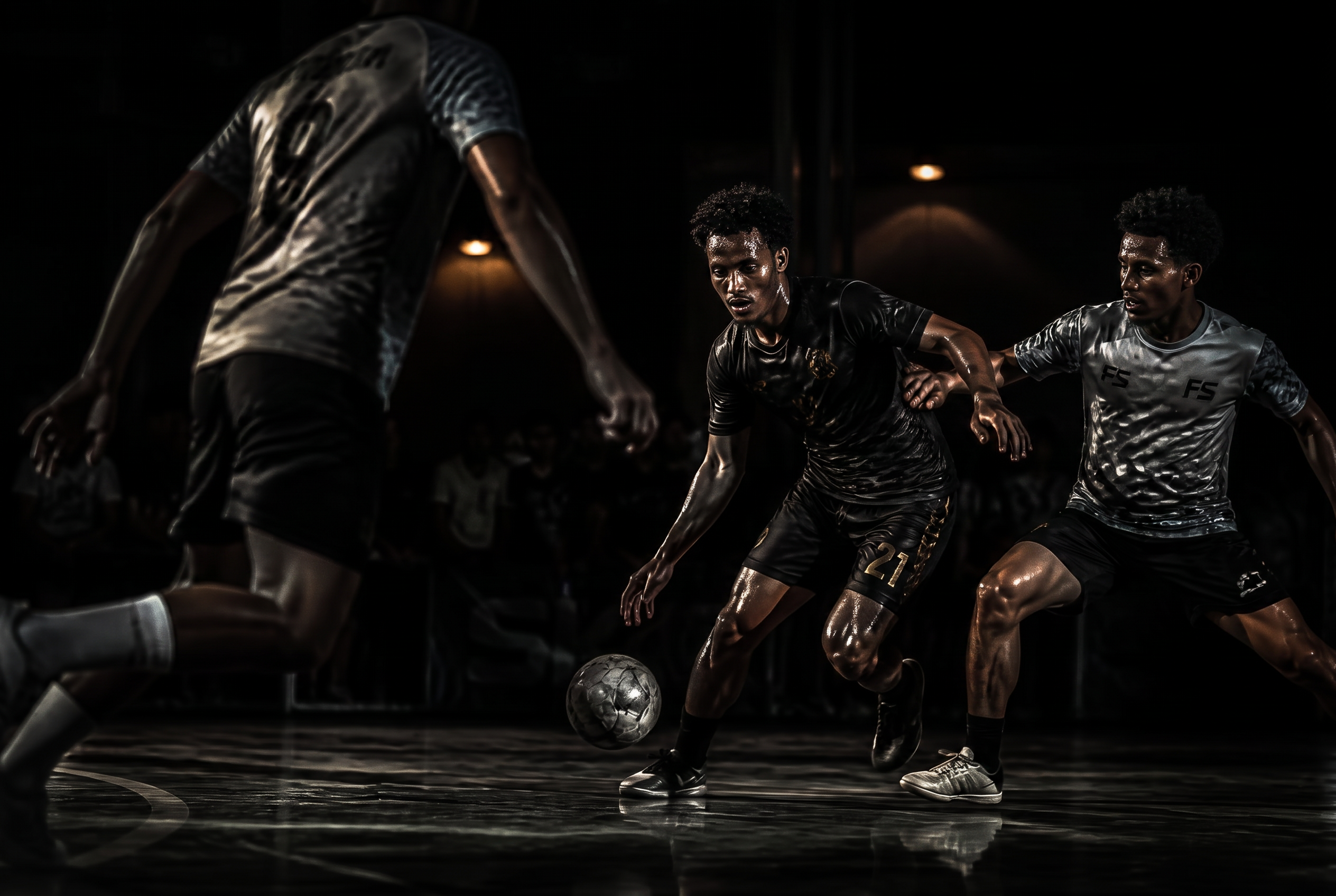 Futsal players competing under floodlights at the Who Owns Diaspora tournament